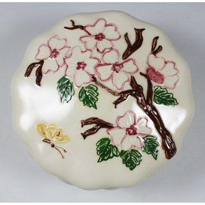 Vintage Handmade Ceramic Powder/Jewelry Box Raised Flower & Butterfly Design